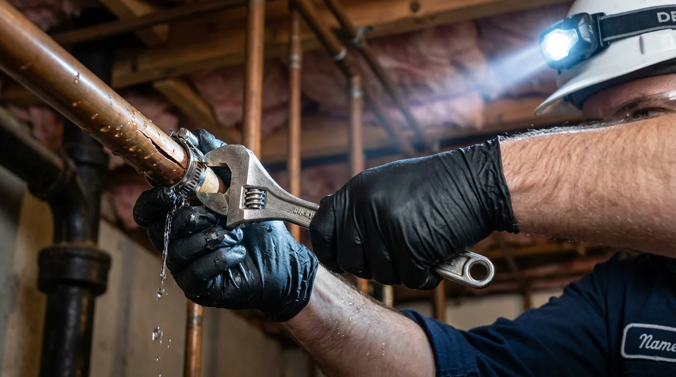 Emergency pipe clamp repair being performed by a Johns Plumbing LLC plumber in Guaynabo